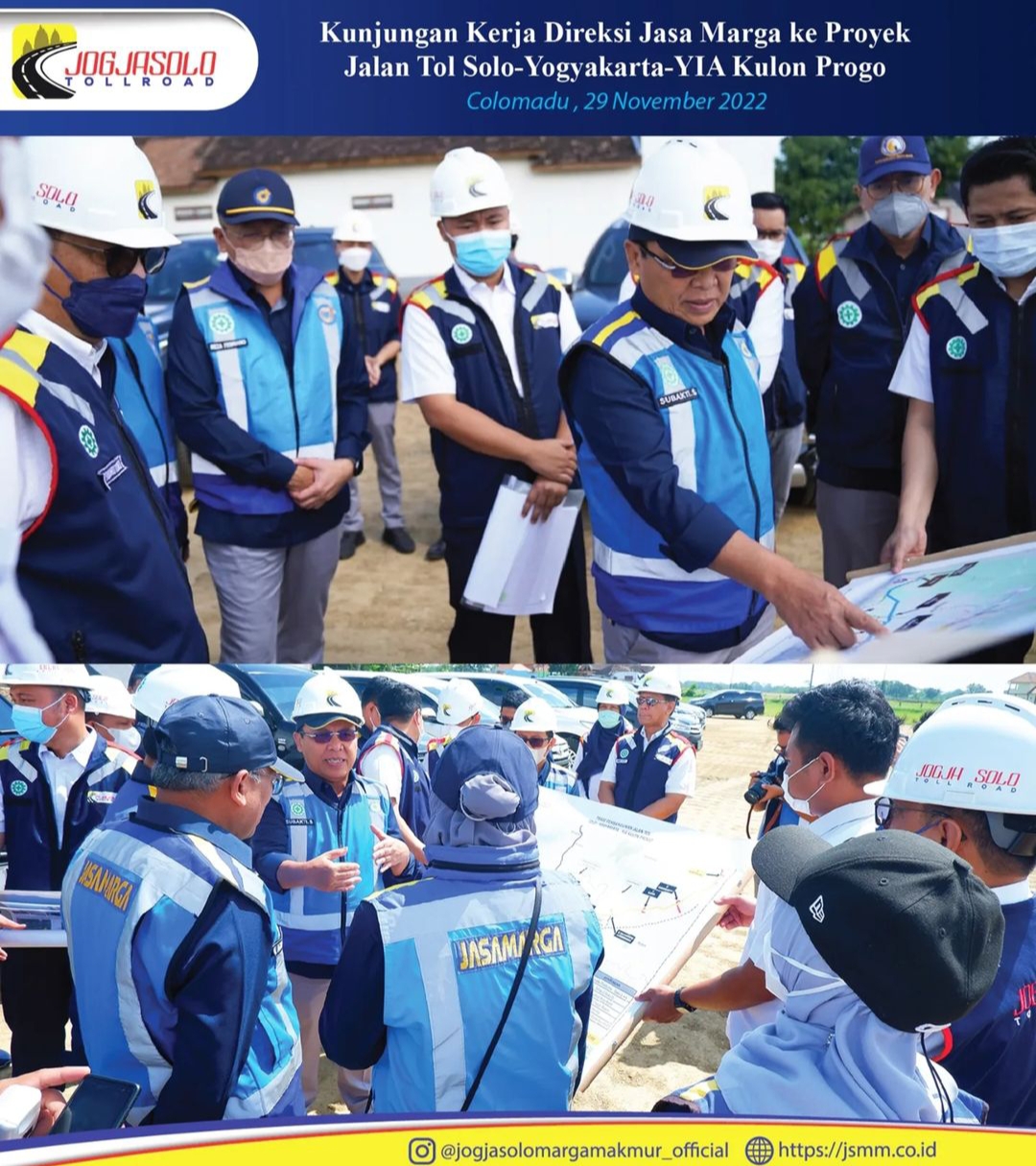 Kunjungan Kerja Direksi PT Jasa Marga (PERSERO) Tbk , ke Proyek jalan Tol Solo-Yogjakarta-YIA Kulon Progo
dalam kunjungan tersebut yang dipimpin langsung Direktur Utama Subakti Syukur,Direktur Pengembangan Usaha M. Agus Setiawan, Direktur Keuangan & Manajemen Resiko Ade Wahyu , Direktur Bisnis Reza Febriano serta Direktur Operasi Fitri Wiyanti